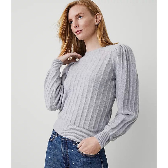 Ann Taylor Sweaters - NWT Ann Taylor Soft Spun Cool Gray Balloon Sleeve Women’s Pointelle Sweater Sz M